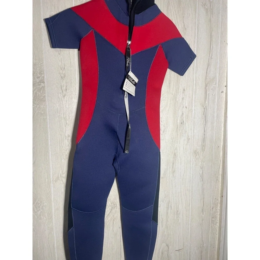 NEW!! Hevto Kids Full Body K-22 Wetsuit, Neoprene Blue/ Red Hero II Short Sleeve